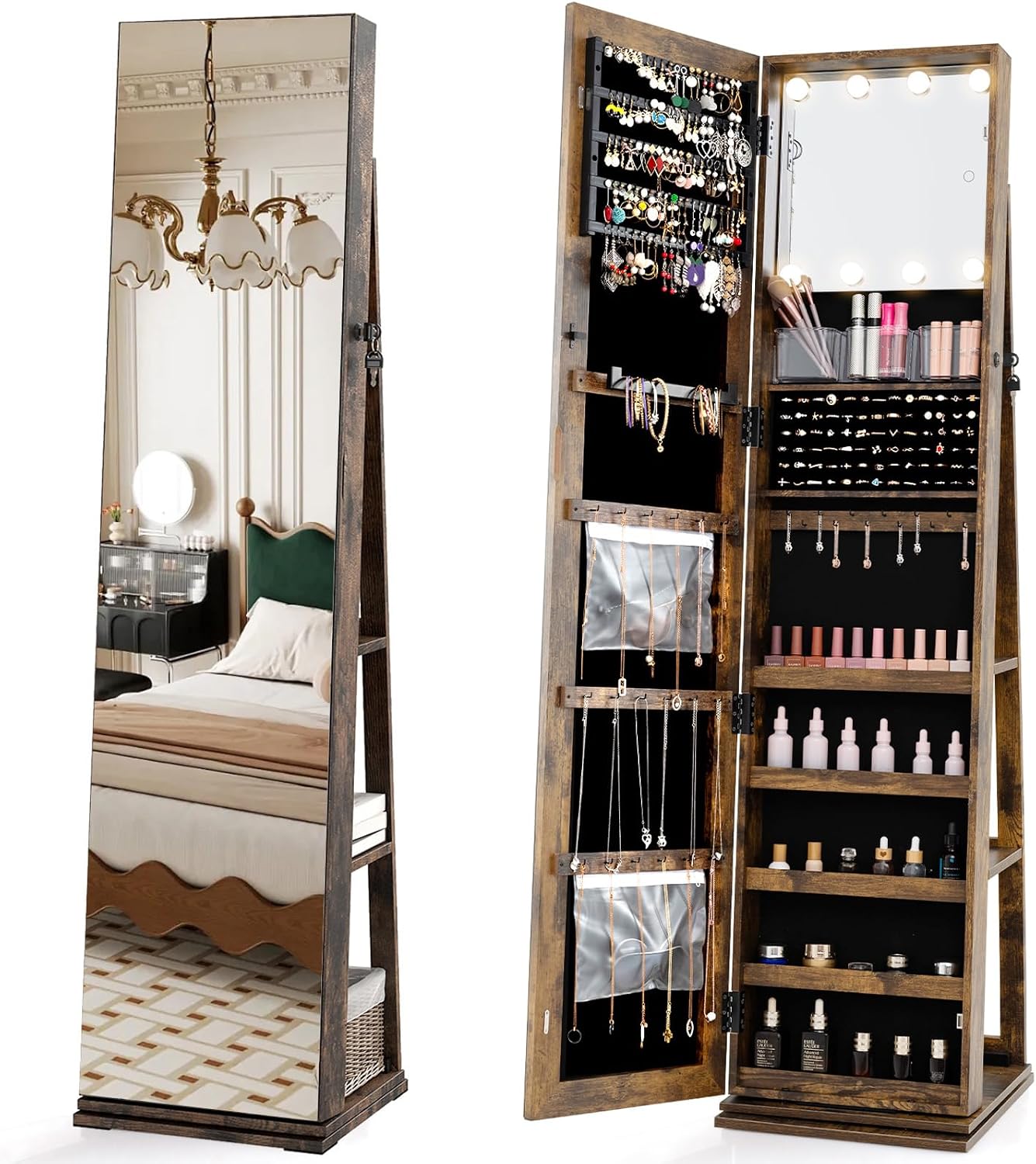 Full Length Mirror Jewelry Armoire - خزانة مجوهرات دوارة مع مرآة كاملة