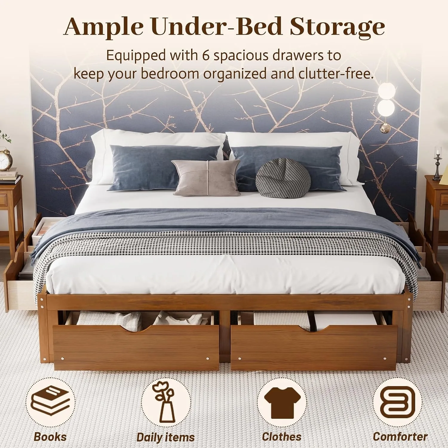 King Size Bed Frame With Storage Drawers - إطار سرير من خشب الصنوبر بتصميم